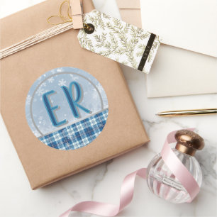 Étiquette Monogramme Bleu Élégant de Noël