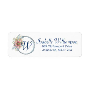 Étiquette Monogramme Blue Floral Wreath Return Adresse Label