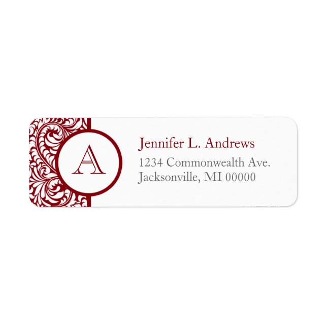 Étiquette Monogramme Cranberry Damask Retourner l'adresse Ét (Devant)
