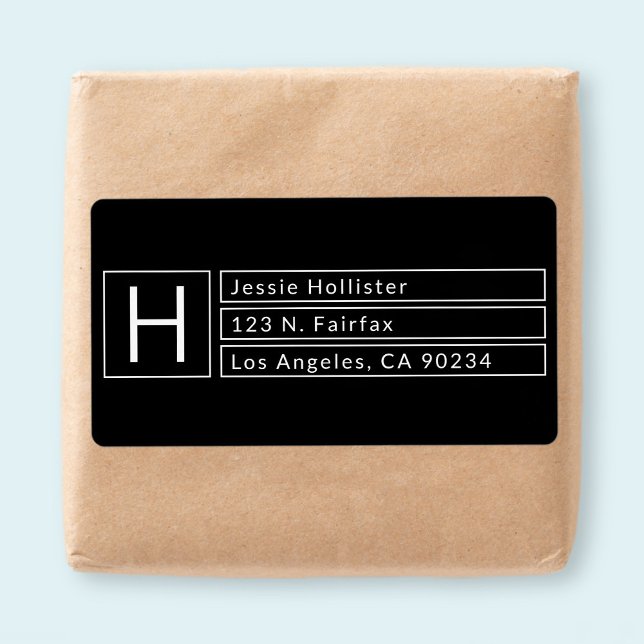 Étiquette Monogramme de boîte moderne noir et blanc Adresse  (Créateur téléchargé)