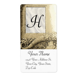 Étiquette MONOGRAMME DE CORNUCOPIE, gris noir et blanc