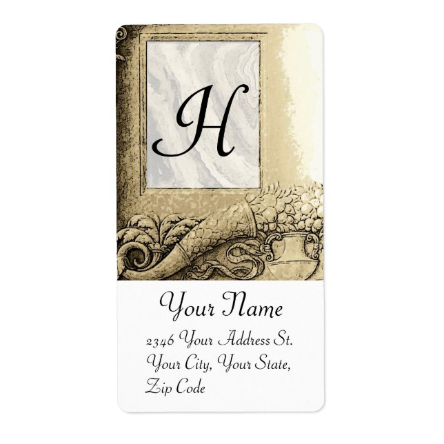 Étiquette MONOGRAMME DE CORNUCOPIE, gris noir et blanc (Devant)