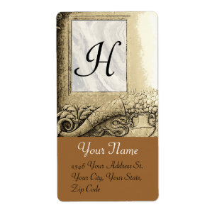 Étiquette MONOGRAMME DE CORNUCOPIE, noir et blanc gris brun