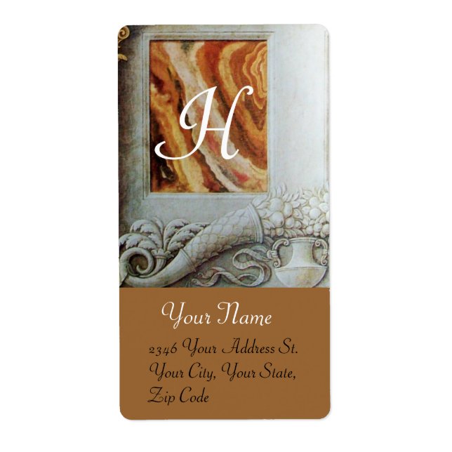 Étiquette MONOGRAMME DE CORNUCOPIE, noir et blanc gris brun (Devant)