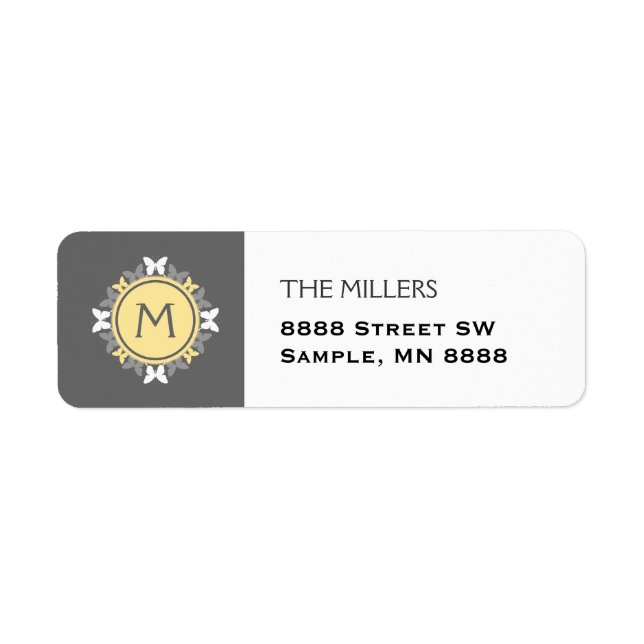 Étiquette Monogramme de couronne papillon gris jaune blanc (Devant)