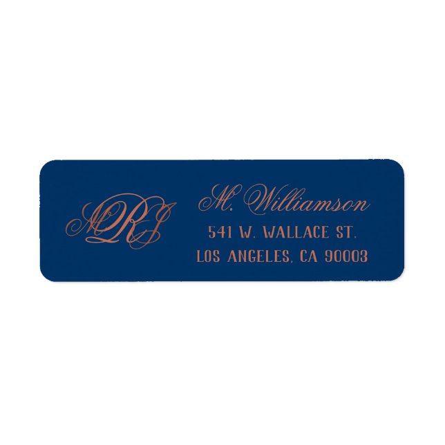 Étiquette Monogramme de cuivre bleu Mariage Adresse de retou (Devant)