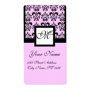 ÉTIQUETTE MONOGRAMME DE DAMASK CARRÉ NOIR ET ROSE