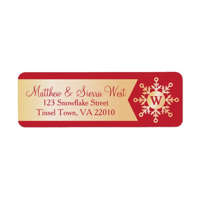 Étiquette Monogramme de vacances Red Gold Winter Snowflacon (Devant)