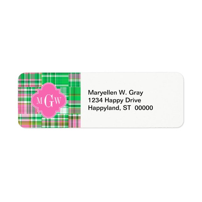 Étiquette Monogramme Emerald Hot rose Preppwork Madras (Devant)