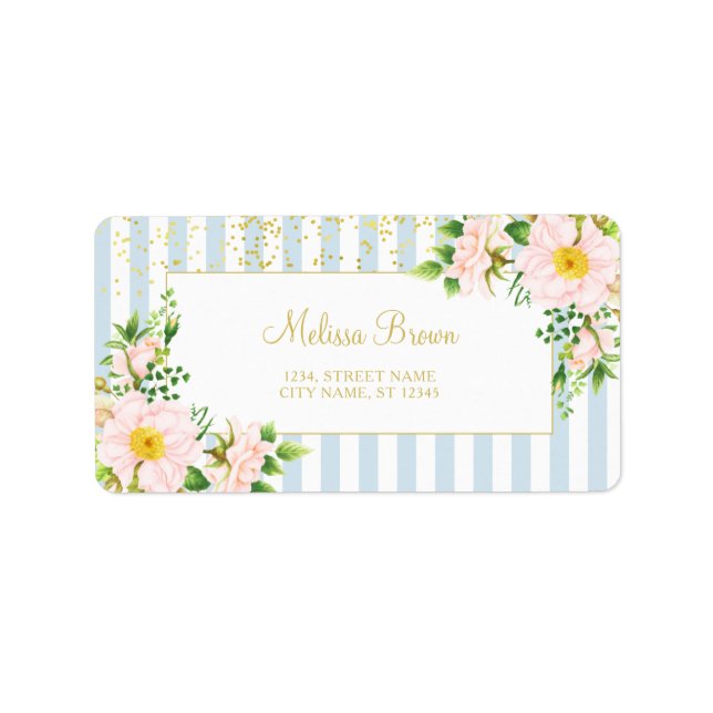 Étiquette Monogramme Floral Chic Pastel Bleu Stripes (Devant)