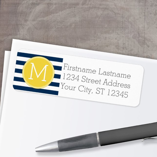 Étiquette Monogramme jaune Motif rayé blanc et marine (Personalized Return Address Label)