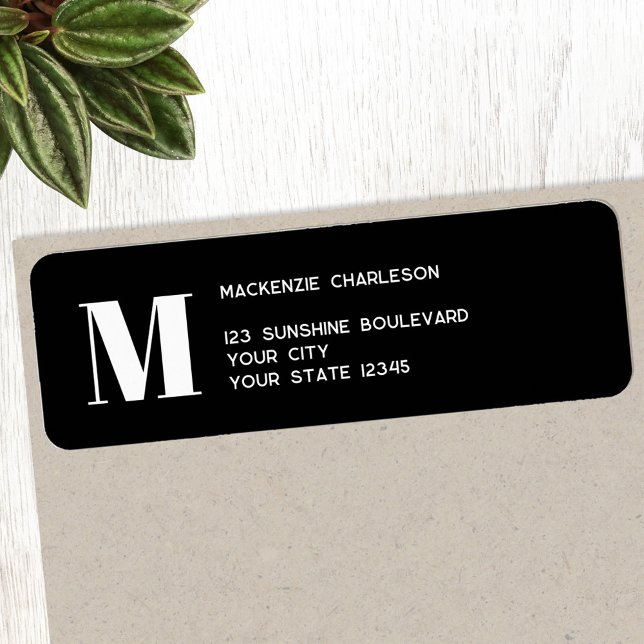 Étiquette Monogramme moderne Adresse de retour initiale (Modern minimalist monogram initial personalized black return address labels)