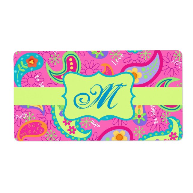 Étiquette Monogramme Motif Paisley moderne Fuchsia Hot Pin (Devant)