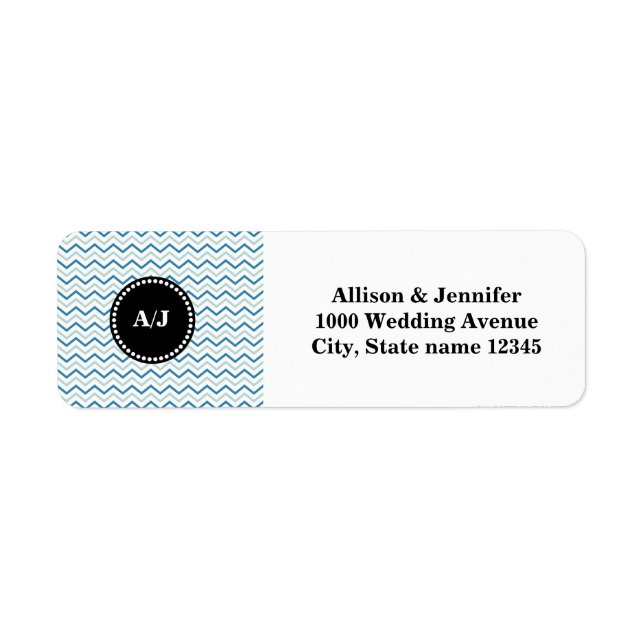 Étiquette Monogramme noir et Aqua Chevron Adresse de retour (Devant)