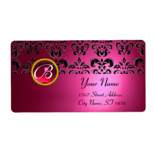 ÉTIQUETTE MONOGRAMME NOIR ROSE DE DAMASSÉ, RUBIS ROUGE