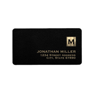 Étiquette Monogramme or en cuir noir Adresse de retour