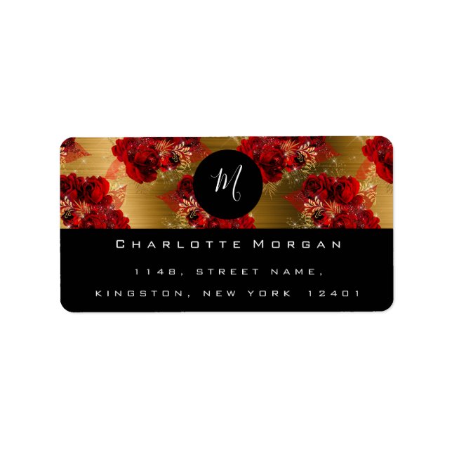 Étiquette Monogramme Roses de fleurs rouges Sparkly Gold RSV (Devant)