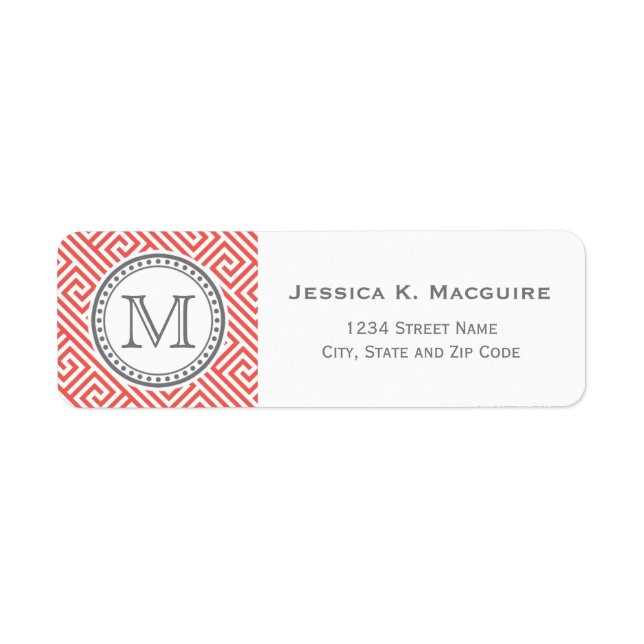 Étiquette Monogramme sur le Motif de clé grecque corail (Devant)