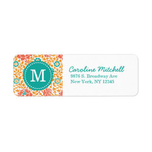 Étiquette Monogramme turquoise et orange rétro de Damas flor