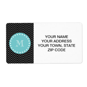 Étiquette Monogramme turquoise noir du motif de Chevron