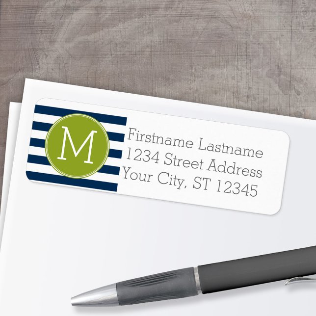 Étiquette Monogramme vert Motif rayé blanc et marine (Personalized Return Address Label)