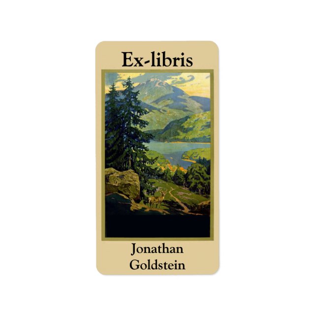 Étiquette Montagnes, cerfs, arbres, bibliothèque (Devant)