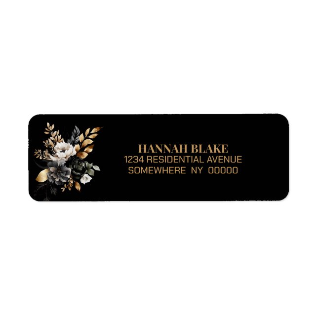 Étiquette Moody Black Gold Floral Adresse de retour Label (Devant)
