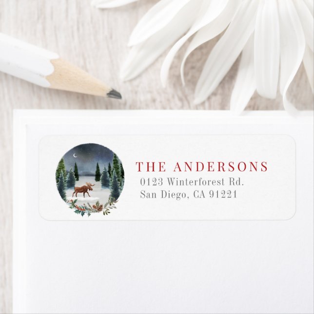 Étiquette Moose Winter Night Forest Adresse de retour (En situation)