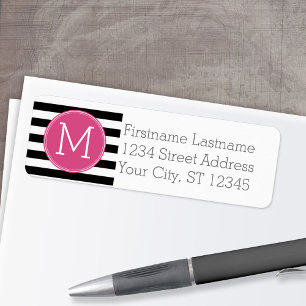 Étiquette Motif à rayures noir et blanc Monogramme rose chau