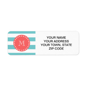 Étiquette Motif blanc bleu turquoise de rayures, monogramme