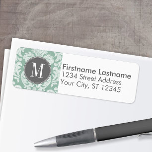 Étiquette Motif de Damas de la menthe et gris Monogramme per