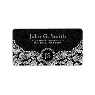 Étiquette Motif de Damas florales noir et blanc