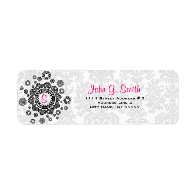 Étiquette Motif de Damas florales noir et blanc -Modèle 8 (Devant)