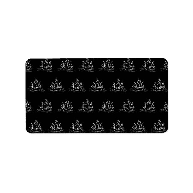 Étiquette Motif de navire pirate noir et blanc. (Devant)