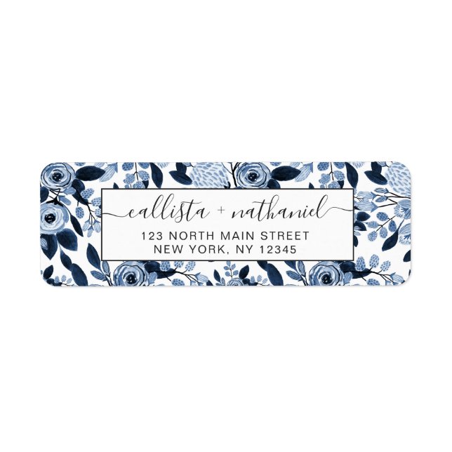 Étiquette Motif floral bleu marine Pastel (Devant)