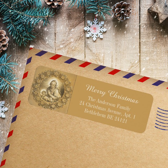 Étiquette Nativité de Noël Joyeux Religieux Élégant Or (Gold Elegant Religious Christian Catholic Merry Christmas Nativity Holiday Return Address Labels)