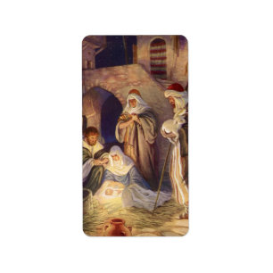 Étiquette Nativité de Noël Vintage, 3 Bergers et Jésus