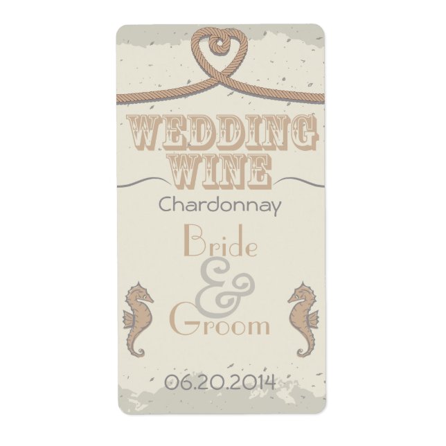 Étiquette Nautical Beach Sand Brown Coeur Knot Vin Mariage (Devant)
