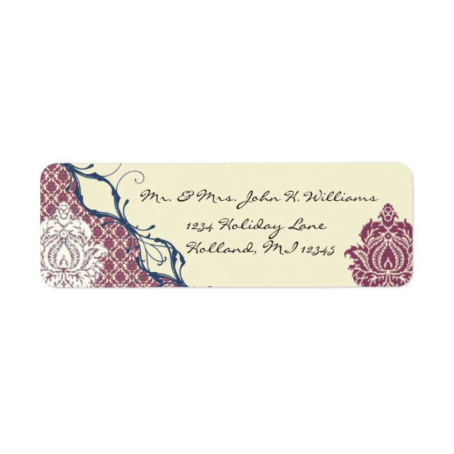 Étiquette Navy & Berry Berry Elegant Damask Peacock Mariage (Devant)
