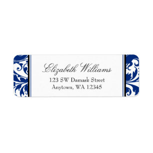 Étiquette Navy Blue and Black Swirl Damask Adresse de retour