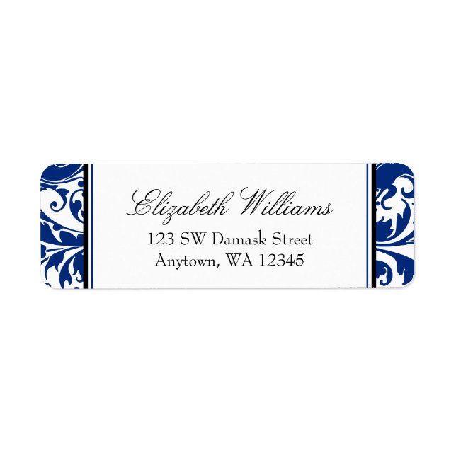 Étiquette Navy Blue and Black Swirl Damask Adresse de retour (Devant)