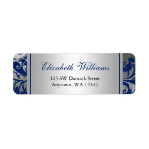 Étiquette Navy Blue and Silver Damask Swils Adresse de retou