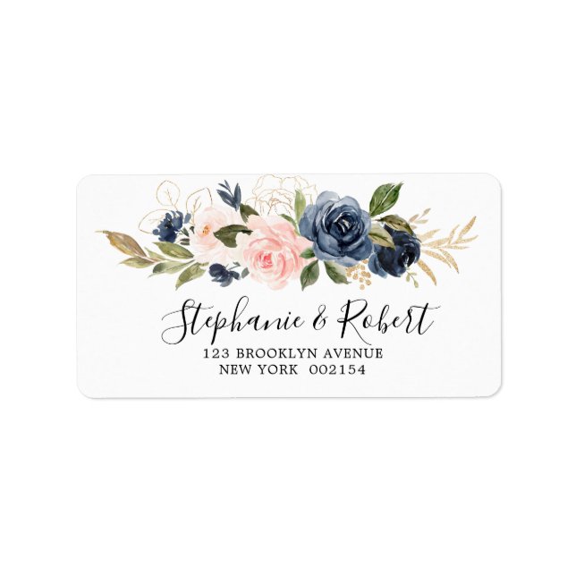 Étiquette Navy Blue Blush Rose Rose Rose rose Adresse botani (Devant)