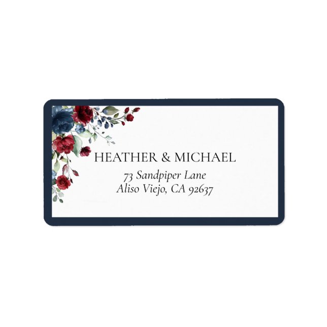 Étiquette Navy Blue Burgundy Floral Aquarelle Adresse (Devant)