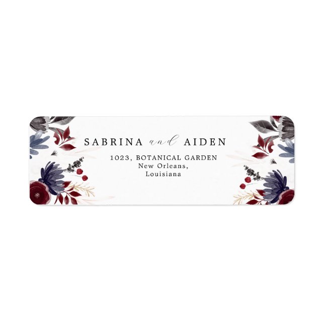 Étiquette Navy Blue Burgundy Gothique Floral Mariage Adresse (Devant)