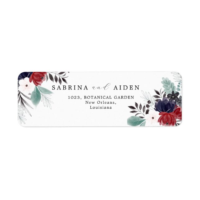 Étiquette Navy Blue Burgundy Gothique Floral Mariage Adresse (Devant)
