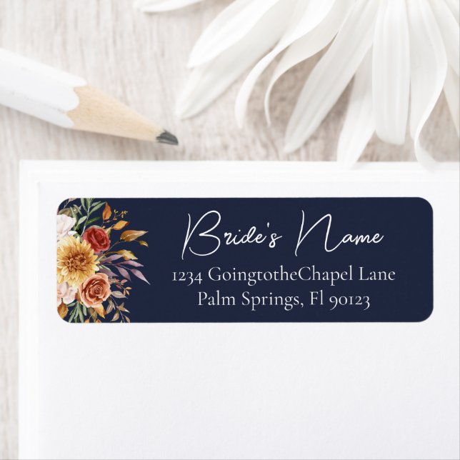 Étiquette Navy Blue Fall Floral Brid Adresse de retour (En situation)