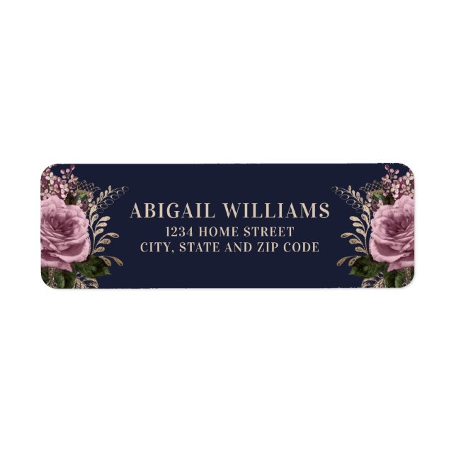 Étiquette Navy Blue Gold Blush Rose Roses Adresse de retour (Devant)
