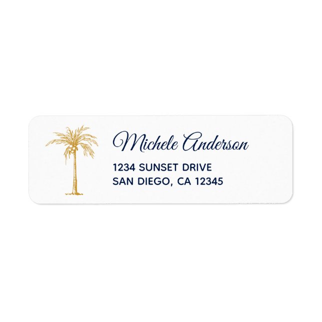 Étiquette Navy Blue Gold Palm Tree Mariage Adresse de retour (Devant)