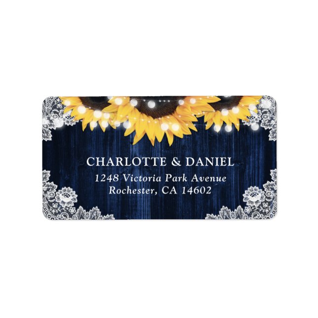 Étiquette Navy Blue Rustic Wood Lace Sunflower Address (Devant)